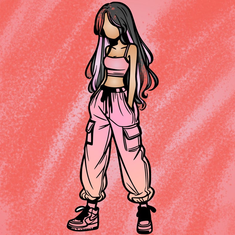girl in baggy pants crop top and long hair
