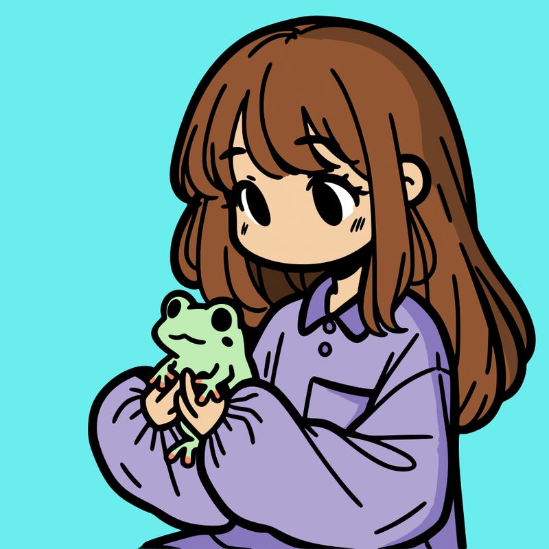 girl with long hair and a oversized shirt. and she is holding a frog