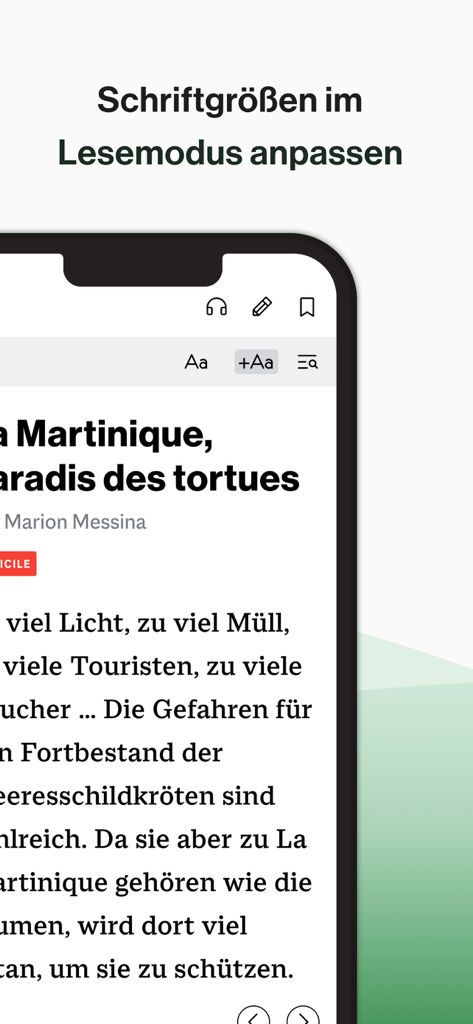 Affichage sur smartphone de l'application Écoute avec une fonction permettant de régler la taille de la police en mode lecture pour un article en français.