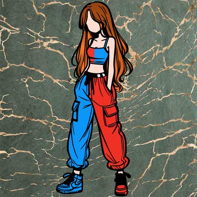 girl in baggy pants crop top and long hair