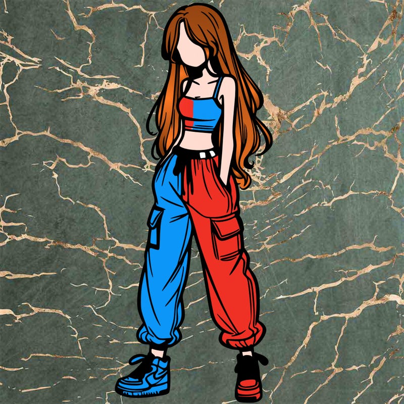 girl in baggy pants crop top and long hair