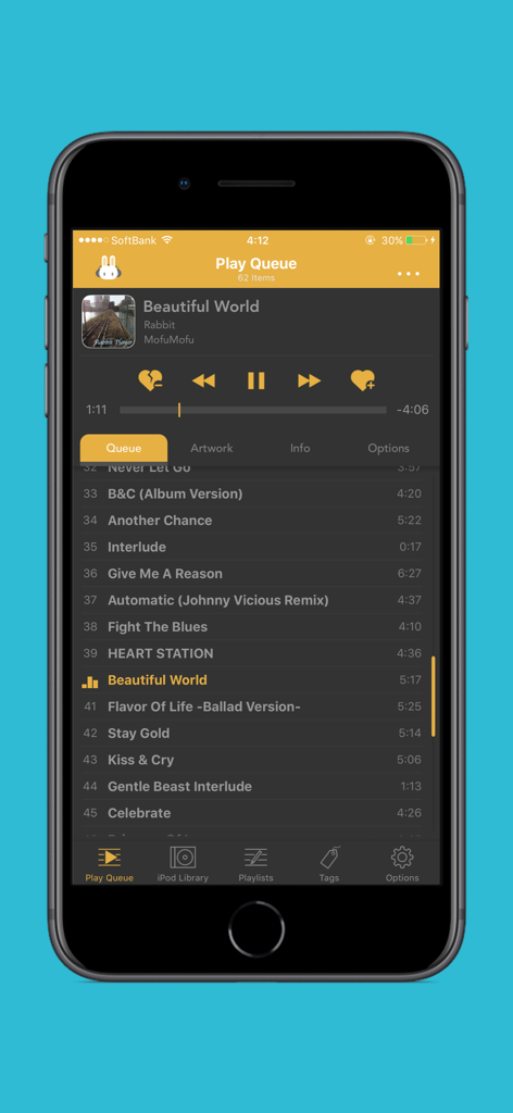 Rabbit Player - Interface da fila de reprodução do aplicativo Rabbit Player