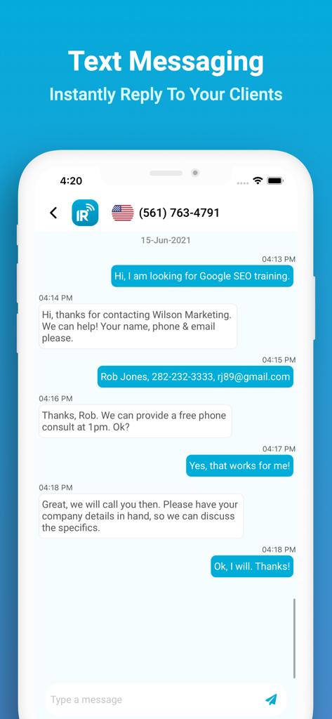 Pantalla de mensajería SMS de la app Respuesta Instantánea mostrando una interacción con un cliente de negocios