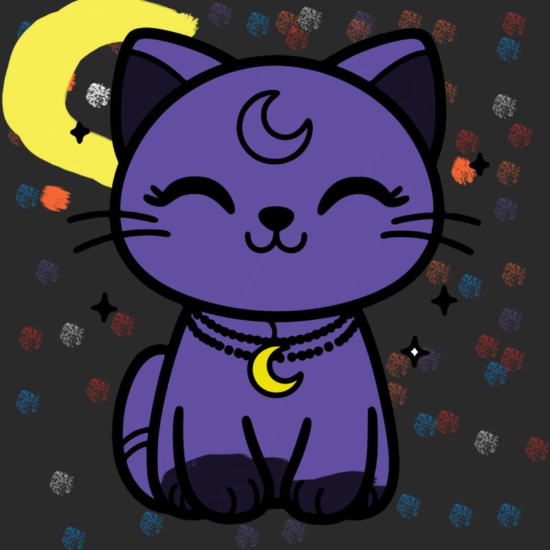 a cat with a moon necklace