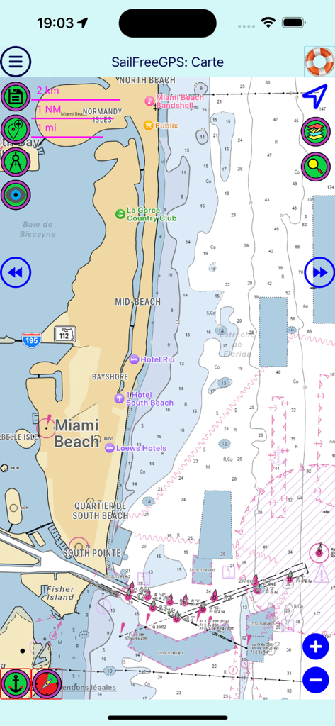 SailFreeGPS - SailFreeGPS app interface showing a detailed nautical chart of Miami Beach with navigation tools and depth soundings.