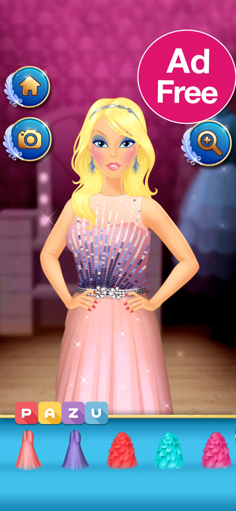 A character with blonde hair wearing a pink sequined prom dress in a kids dress up mobile game