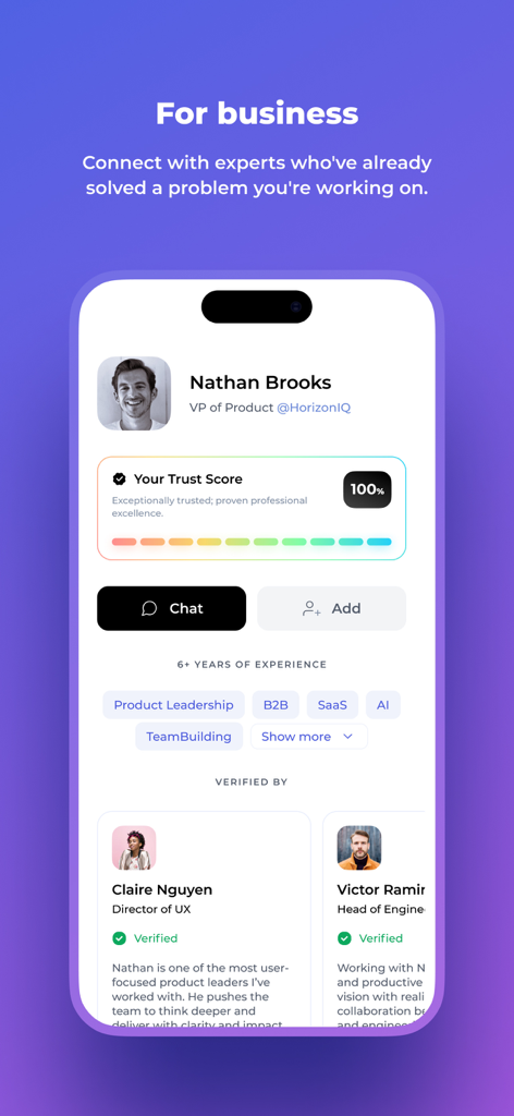 Intch: The Future of Work App - Intch 앱 인터페이스, 100% 신뢰 점수가 있는 검증된 전문가 프로필 표시