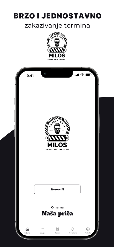 Barber Miloš - Home screen of the Barber Milos mobile app featuring a reservation button and professional barber logo