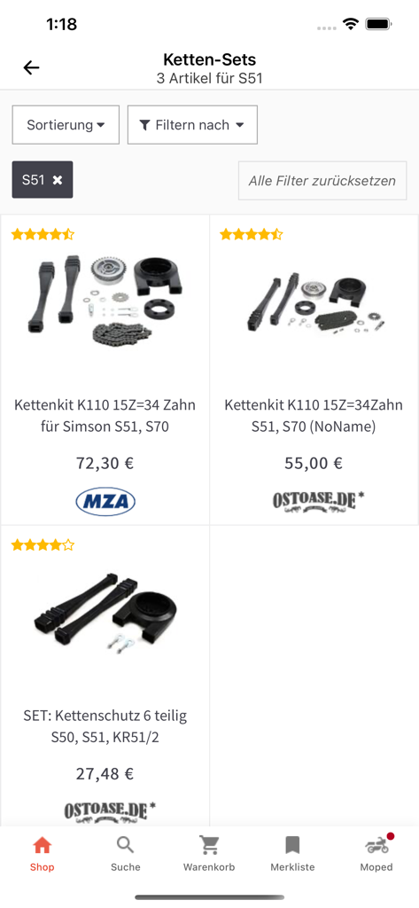 Ostoase Shop - Ostoase Shop mobile app screen showing moped chain sets for Simson S51