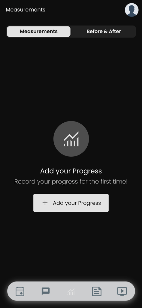 METHOD. - Tela do aplicativo METHOD. mostrando a seção de medidas com um botão para adicionar progresso de fitness.