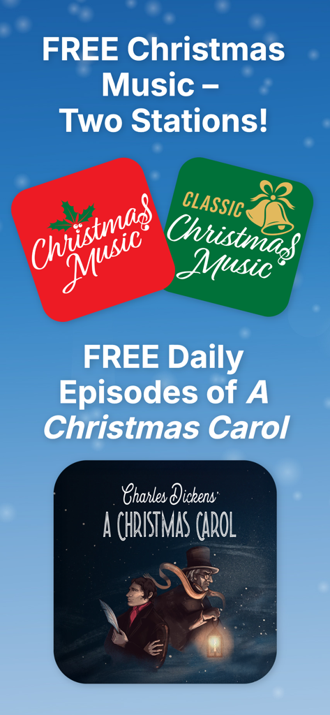 Relevant Radio Catholic Rosary - Relevant Radio app screen featuring free Christmas music stations and daily audio episodes of A Christmas Carol by Charles Dickens.