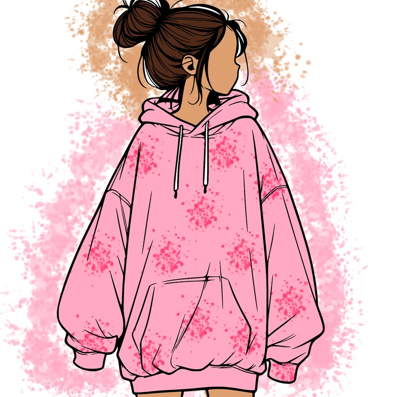 realistic girl with a oversized sweatshirt on and a bun