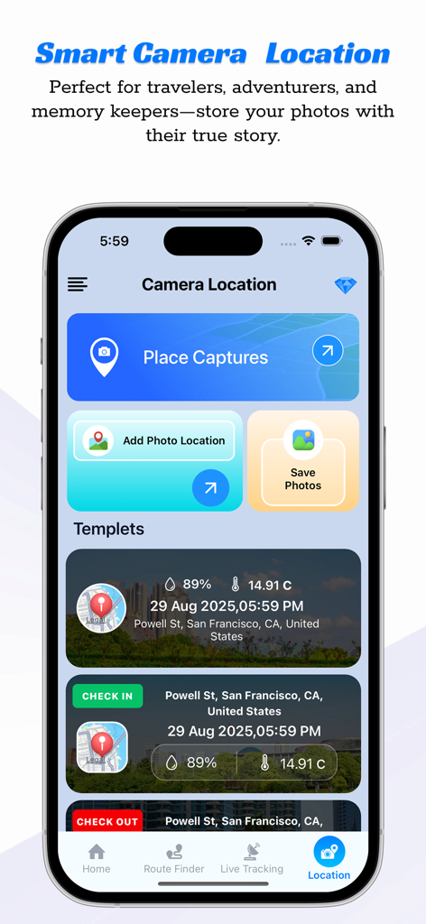 Smart camera location feature in the Live Earth Map Tracker app showing photo stamps with GPS data and weather information.