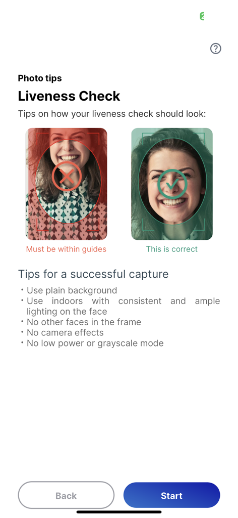 CA DMV Wallet - CA DMVウォレットのライブネスチェックの指示画面。正しい写真と間違った写真の例が表示されます。