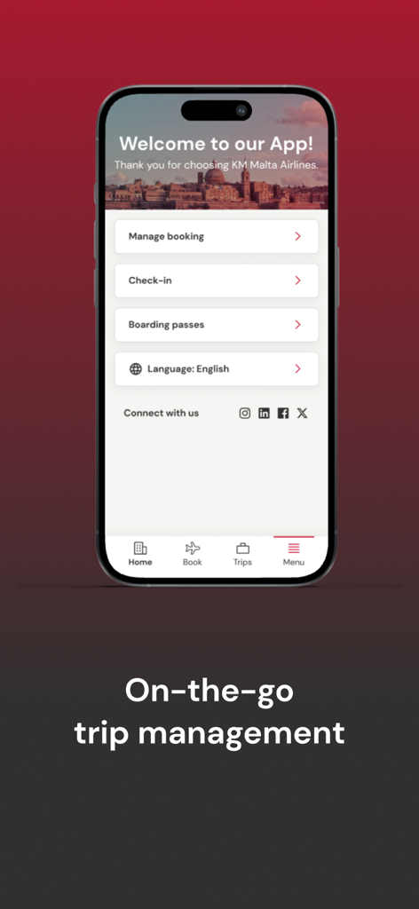 Schermata del menu dell'app KM Malta Airlines che mostra le opzioni Gestisci prenotazione, Check-in e Carte d'imbarco.