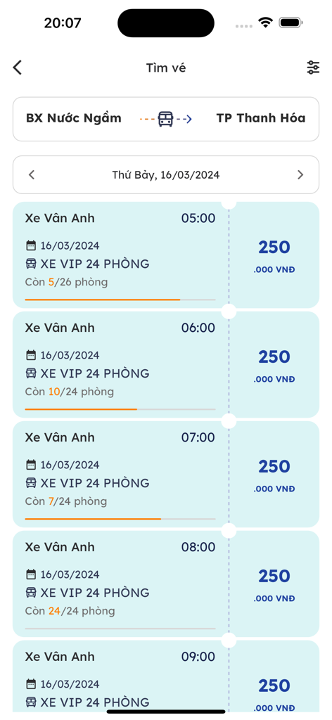 Xe Vân Anh - Xe Van Anh app showing bus ticket search results from Hanoi to Thanh Hoa with prices and departure times