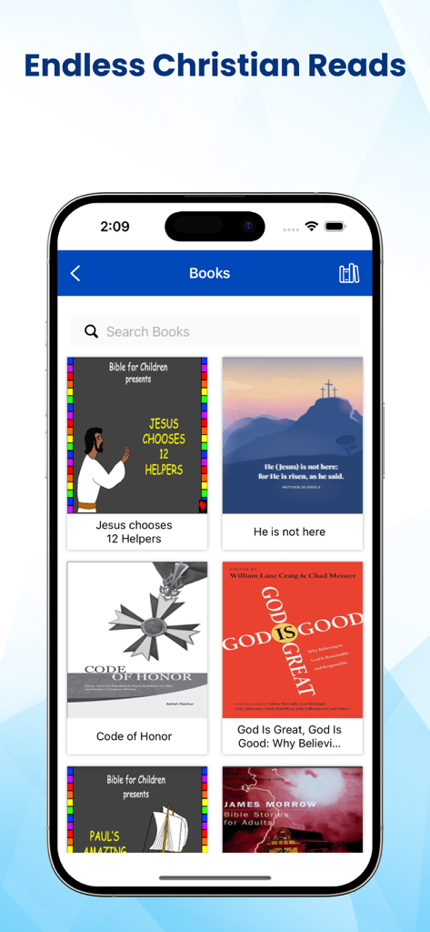 A mobile screen from the Latin Vulgate Bible app showing a library of various Christian books and religious stories.