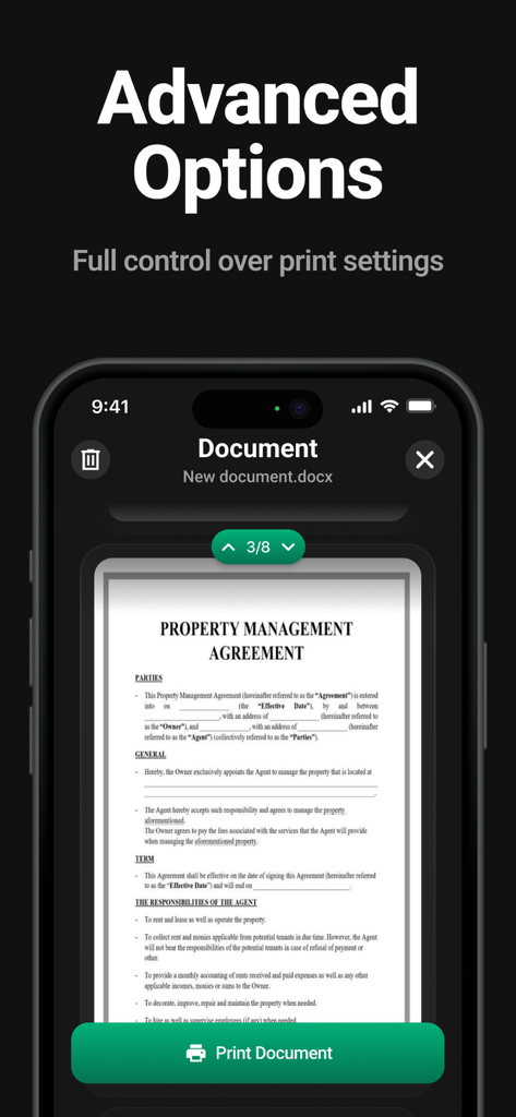 For Every Printer - PrintJet - PrintJet mobile app interface displaying advanced print settings and a document preview of a property management agreement