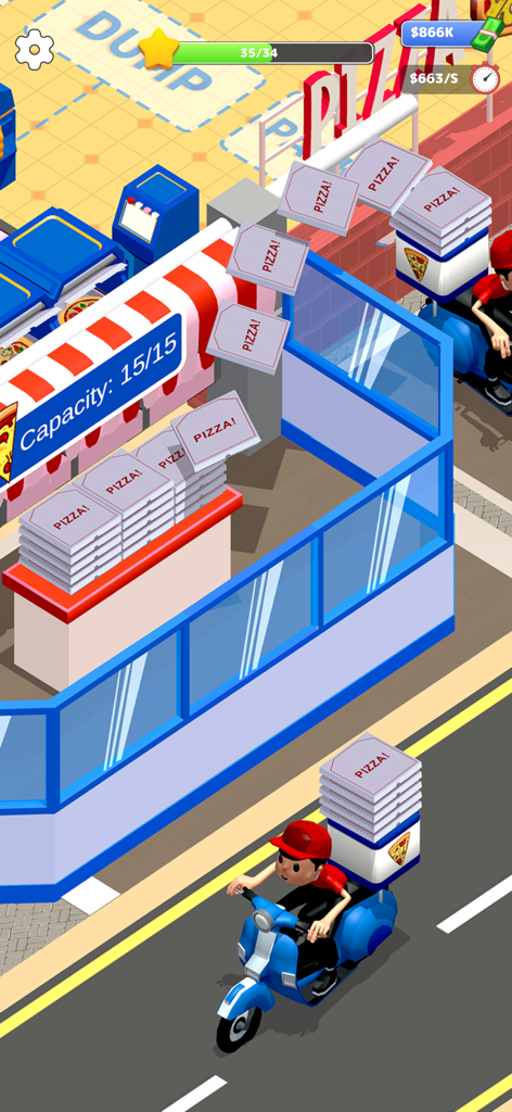 Idle Pizza Restaurant Tycoon - A character on a blue scooter delivering stacks of pizza boxes in Idle Pizza Restaurant Tycoon