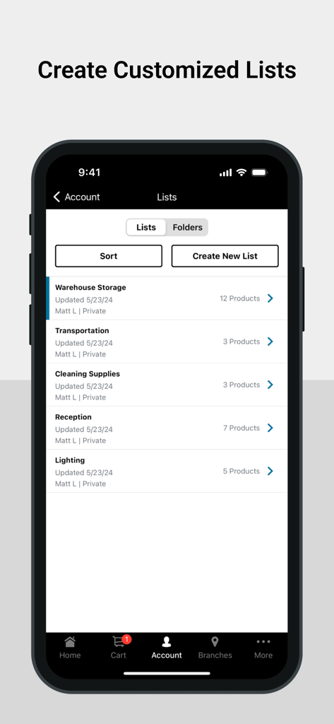 Grainger app interface showing customized product lists for industrial and facility management