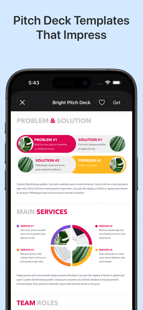 Toolbox for Keynote: Templates - Modelos de pitch deck profissionais para Keynote exibidos em um iPhone