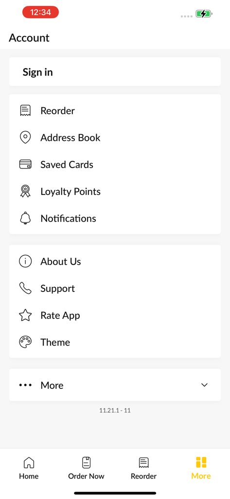 Account and settings menu of the Love Street Pizza app showing loyalty points and reorder options.