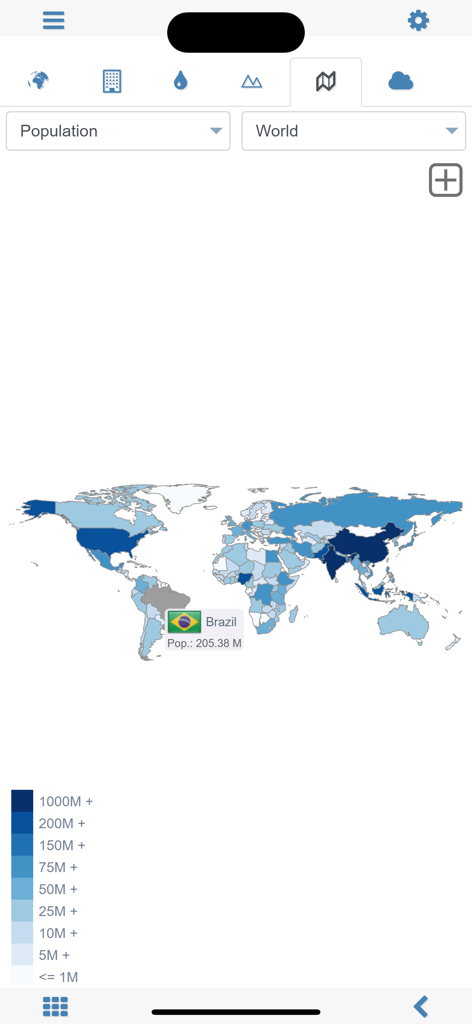 Un mapa mundial que muestra estadísticas de población con Brasil seleccionado en la aplicación MxGeo