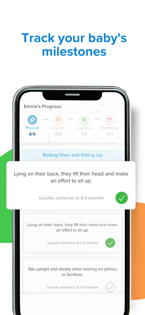A smartphone showing the Kinedu app interface with a baby development progress chart and milestone checklists for physical and cognitive skills.