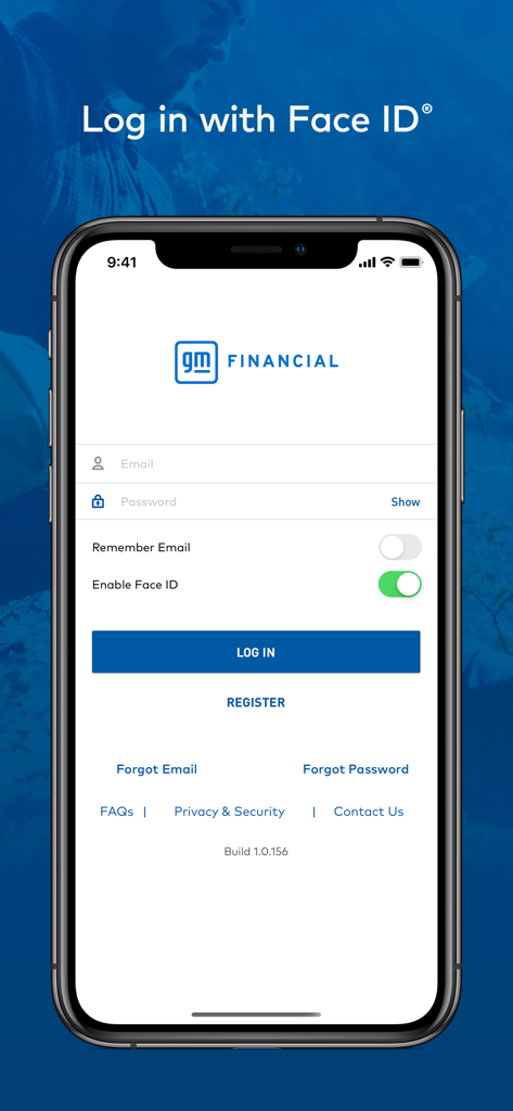 GM Financial mobile app login screen featuring email and password fields with Face ID authentication option