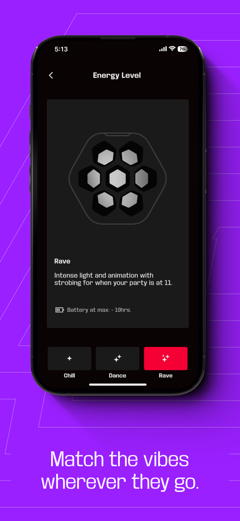 SOUNDBOKS - SOUNDBOKS app interface showing the Energy Level settings with Rave mode selected for speaker lighting