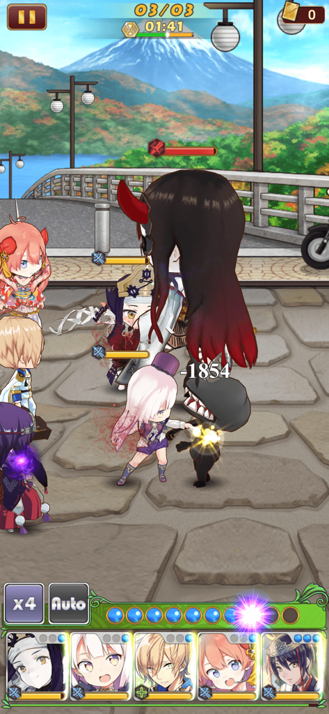 Otogi - Chibi characters in a 3D battle against a large Yokai in the mobile RPG Otogi.