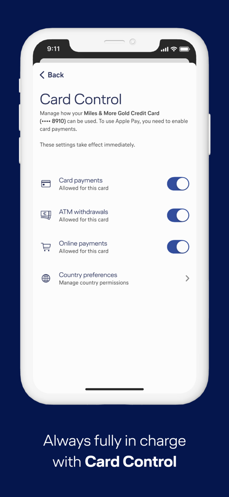 Miles & More Credit Card - Miles and More Credit Card app card control settings for managing security and payments
