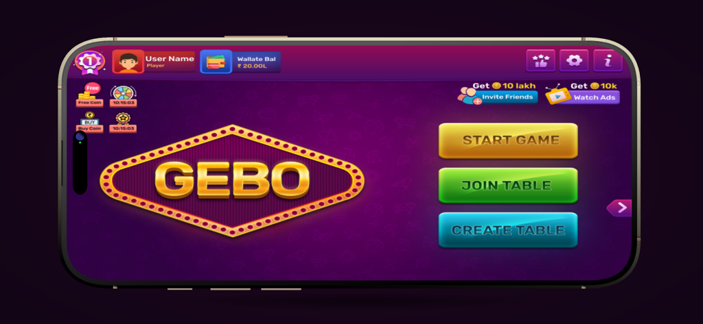 GEBO® Pappu Playing Pictures - Main menu of the GEBO app showing buttons to start game join table and create table on a purple background