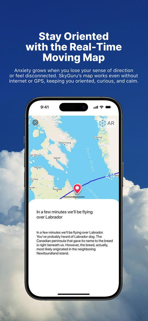 Sky Guru Fear of flying help - Mapa de vuelo en tiempo real de la aplicación SkyGuru y datos geográficos para pasajeros ansiosos.