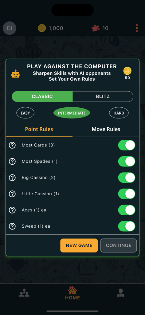 Pocket Cassino - Customizable point rules and AI difficulty selection in Pocket Cassino