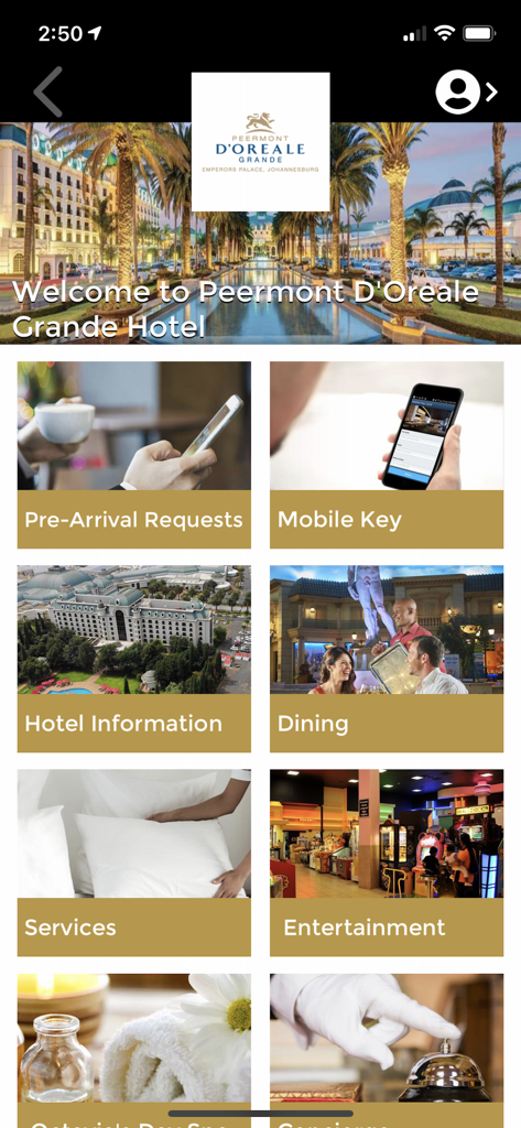 Peermont Hotels - Peermont Hotels app home screen showing menu tiles for dining mobile key and entertainment services
