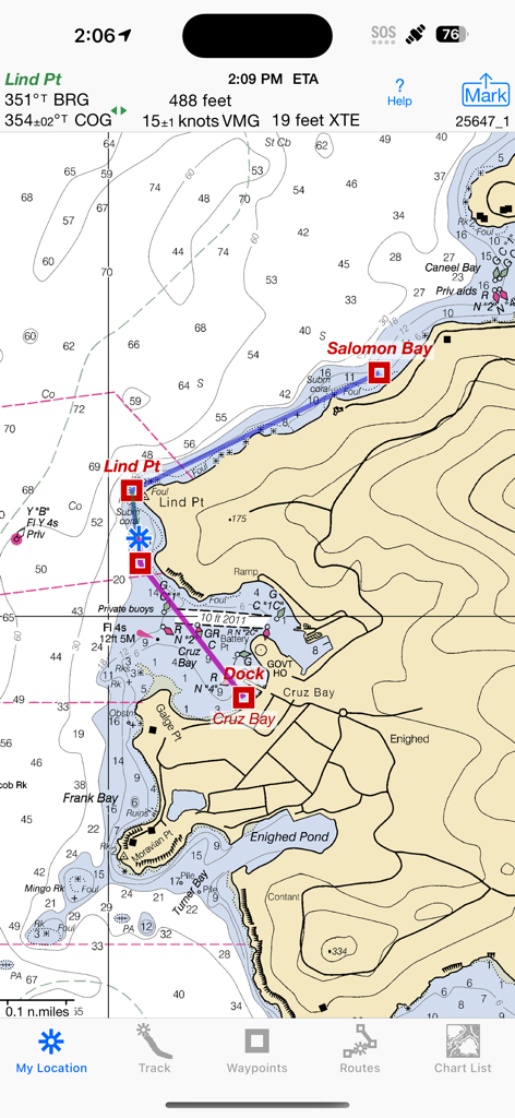 iSailGPS : NOAA USA RNC Charts - App iSailGPS che mostra una carta nautica NOAA raster dettagliata con metriche di navigazione e waypoint di rotta.