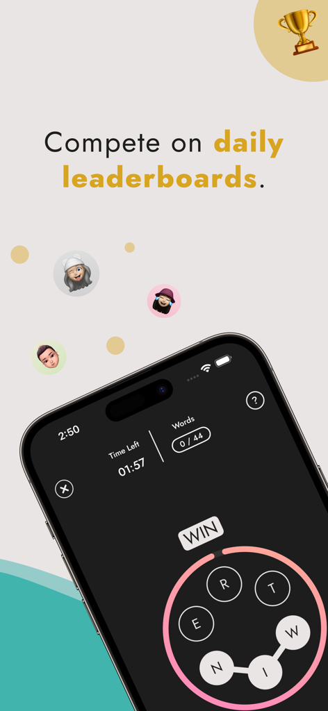 Letterbox - Daily Word Games - Un smartphone que muestra un juego de puzle de palabras circular con texto sobre la competición en las tablas de clasificación diarias y avatares de jugadores.