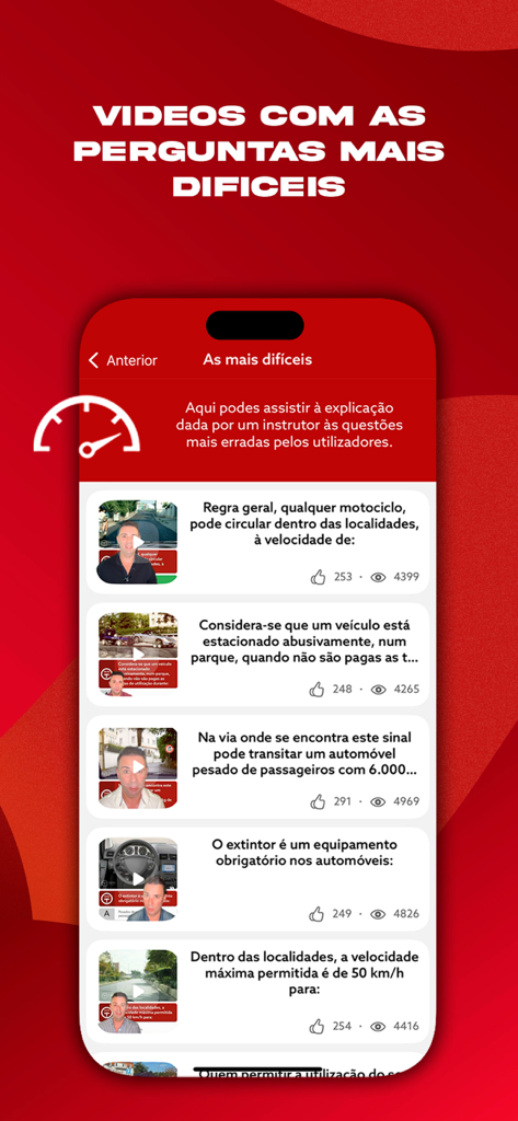 Schermata dell'app mobile che mostra un elenco di spiegazioni video per le domande più difficili dell'esame teorico di guida portoghese.