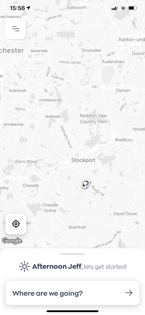 Satellite Taxis Cork - Interfaz de la aplicación Satellite Taxis Cork que muestra un mapa de seguimiento en tiempo real y una barra de búsqueda de destino con un saludo personalizado