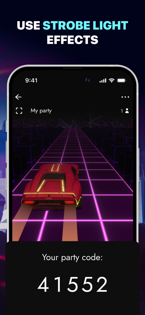 Club Lighting - Strobe Flash - Interfaz de la aplicación Club Lighting con un visualizador de coche retro y un código de fiesta único