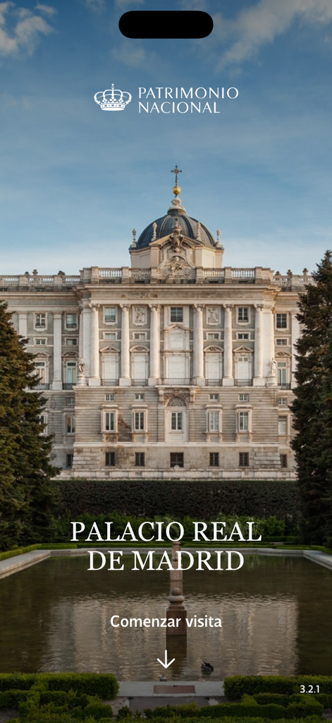 Palacio Real de Madrid - Écran d'accueil de l'application Palais Royal de Madrid avec une photo de la façade du palais et un bouton pour commencer la visite
