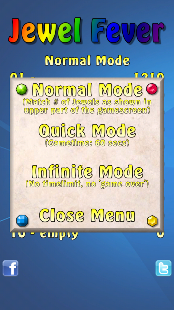 Jewel Fever - Jewel Fever game menu showing selection for Normal Quick and Infinite modes