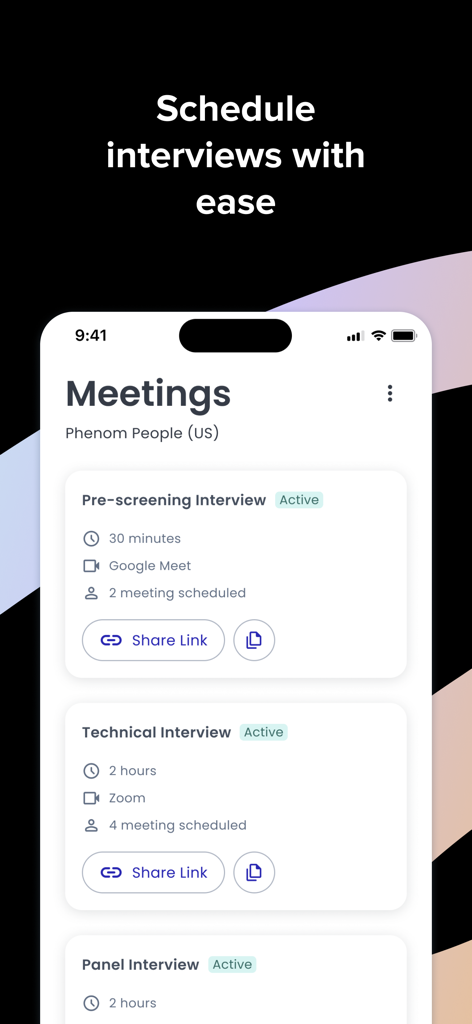 Phenom Recruiter - Mobile interface of the Phenom Recruiter app showing a list of scheduled meetings and interview types including technical and pre-screening interviews