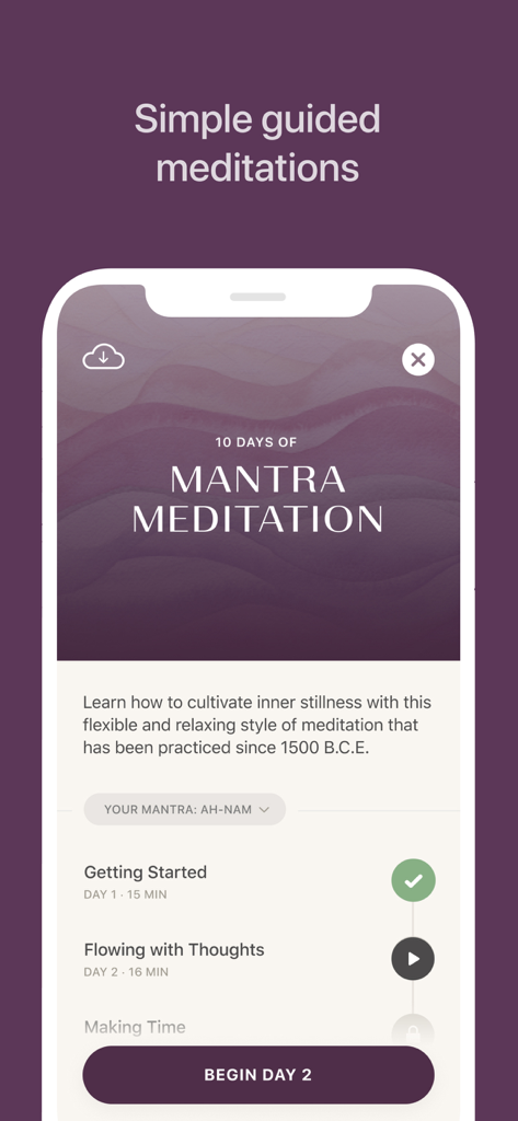 Oak app screen showing a guided mantra meditation course with progress steps.