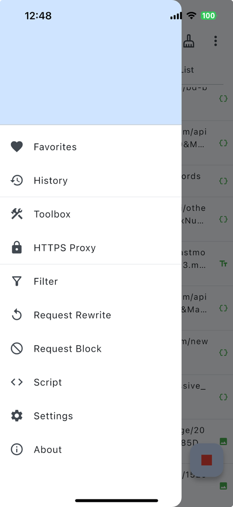 ProxyPin - Open Source Capture - ProxyPinのサイドナビゲーションメニュー。HTTPSプロキシやリクエスト書き換えなどの開発者機能が表示されています。