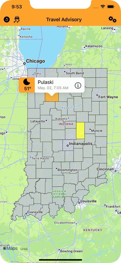 Travel Advisory - Map of Indiana counties showing travel advisory statuses and local weather information