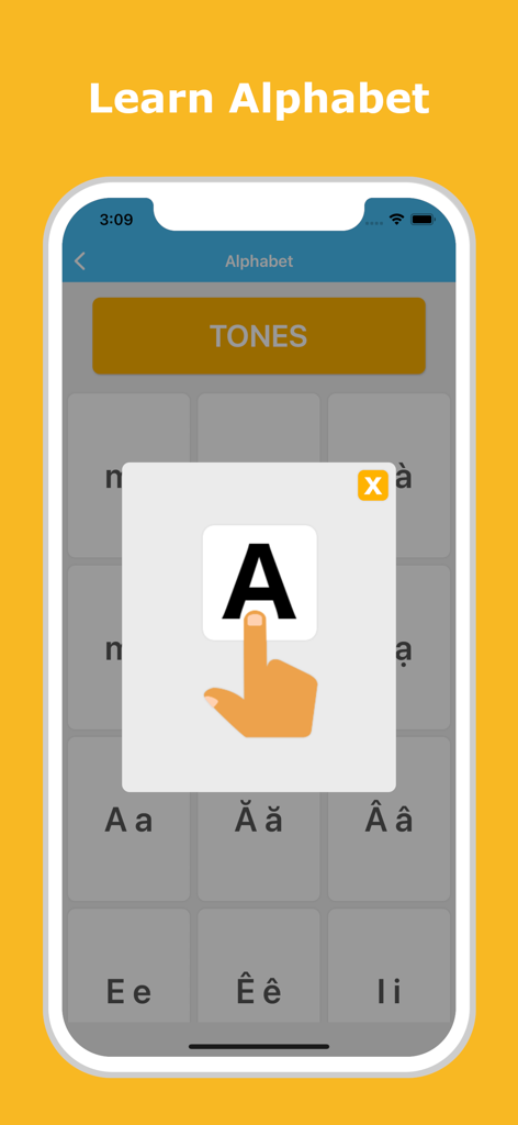 Learn Vietnamese - LuvLingua - A mobile app screen for learning the Vietnamese alphabet and tones with interactive features.
