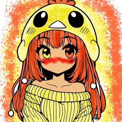 anime girl with chick shaped hat with sweater with bare shoulders with bangs covering them one eye with low tail