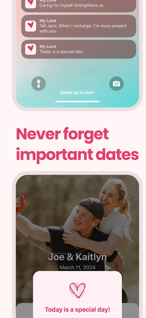 Love Tracker - I Love You - Aplicación de seguimiento de relaciones que muestra notificaciones en la pantalla de bloqueo para fechas especiales y un recordatorio de aniversario con una foto de pareja.